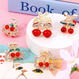 Vovii 5Pcs Mini Cherry Claw Clips for Women Girls, Small Cute Rhinestones Hair Clips with Cherry Design for Half Up Styles, Decorative Hair Accessories