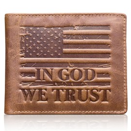 MID WEST RANGE American Flag Wallet - Western Wallet for Men - ‘IN GOD WE TRUST’ - RFID Blocking & 9 Card Slots - Distressed Leather Patriotic American Flag Cowboy Wallet