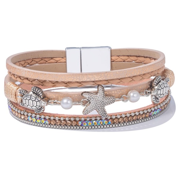 FANCY SHINY Turtle Starfish Leather Wrap Bracelet Boho Rhinestone Pearl