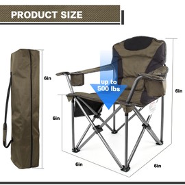 Heavy Duty Folding Camping Chair, 500LBS Capacity, Oversized Padded Outdoor Chair with Cooler Bag and Cup Holder, for Camping, Fishing, Beach (1, Green)