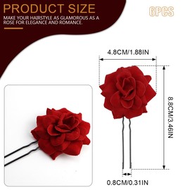 LNQ LUNIQI Women Red Rose Flower Hair Clip, 6Pcs U Shape Hair Pins Set, Flower Hair Accessories for Bridal Bridesmaids Wedding Party Christmas Masquerade