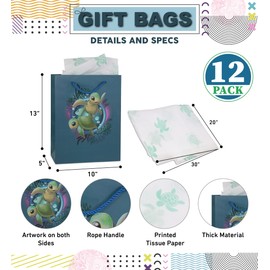 DolliBu Sea Turtle Large Gift Bags with Tissue Paper, 12 Pc Set - Turtle Big Gift Wrap Bags with Handles and Turtle Tissue Paper for Holiday, Birthday, Party Favor Gift Bags - 13 Inch, 12 Pack