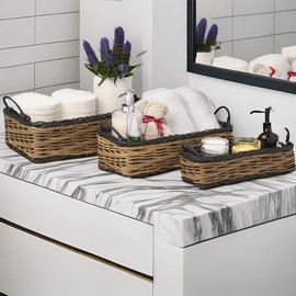 Dwellica Maris Wicker Storage Baskets Set of 3 - 11, 13, 15 Inches Resin Wicker Dark Brown - Stackable with Handles for Kitchen Organization and Bathroom Toiletries