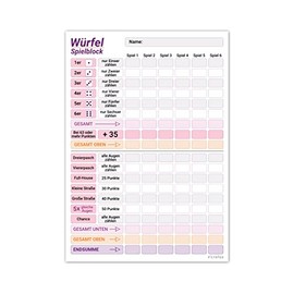 PICTALOO Dice Game Block DIN A5 in Pink Purple, Easy to Read and Clearly designed, Modern Replacement Pad, Large Game Pad, Also Suitable for Seniors and Children, Dice Game Set, Family Game (x1)