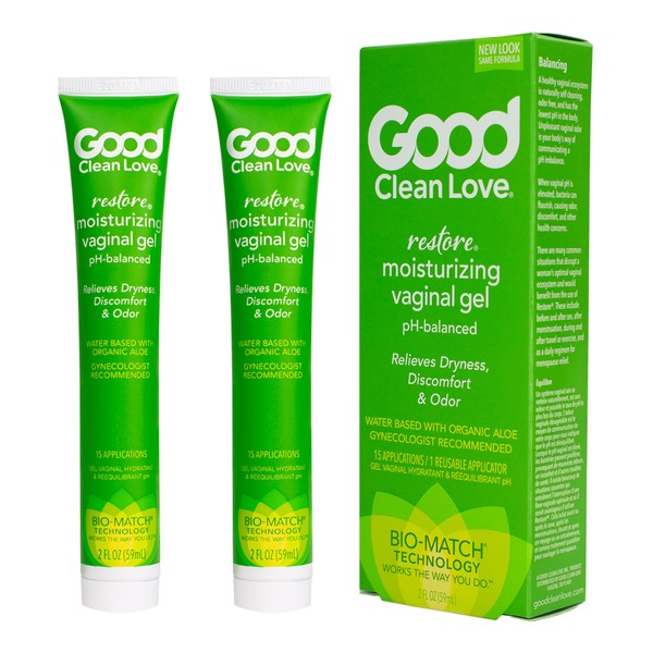 Good Clean Love Restore Moisturizing Vaginal Gel, pH-Balanced, Water-Based with Aloe Vera & Lactic Acid, Reduces Dryness, Discomfort & Odor for Women, 2 Oz (2-Pack)