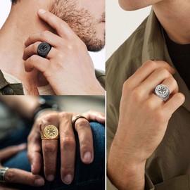 ChainsProMax Gold Rings for Men Size 9 Vintage Nautical Compass Ring Wedding Band Thick Gold Vegvisir Ring Mens Biker Rings