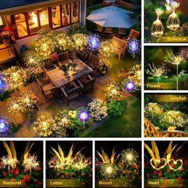 Redefun Solar Fireworks Lights 2 Pack 120 LEDs Solar Garden Outdoor Lights, 8 Modes Tall Sparkler Yard Light Waterproof Dandelion String Light for Outside Patio Pathway Decorations - Warm White