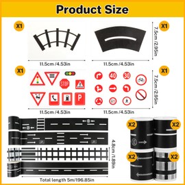 FAMCUCHE 8 Roll DIY Traffic Road Tape for Toy Cars with 2 Sheets Road Signs and 2 Curves, Removable Tape Stickers