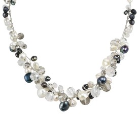 AeraVida Sophisticated Elegance Cultured Freshwater Pearls and Simulated Milky Quartz Fashion Crystals on Silk Statement Necklace