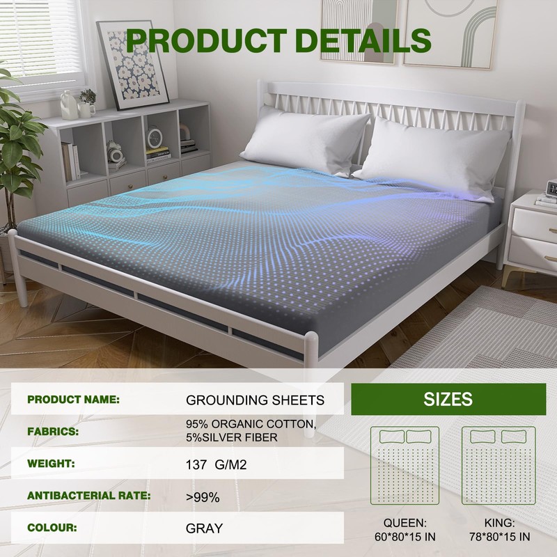 OneAmg Grounding Bed Sheet King Size, 95% Organic Cotton &