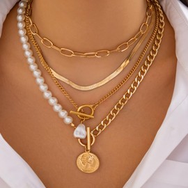 Chargances Dainty Faux Pearl Necklace Layered Coin Pendant Choker Fashion OT Clasp Necklace Stacking Cuban Paperclip Chain Necklace for Women, open size, Rhinestone, Crystal