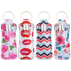 CRASPIRE 4Pcs Flower Lip Balm Holder Chapstick Pouch Keychain Bulk Colorful Floral Rectangle Neoprene Printed Rubber Lip Gloss Clip Lipstick Sleeve Case Holders for Women Travel Makeup Storage Bag