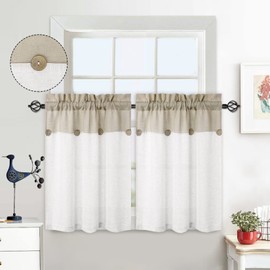 LuxFocus Set of 2 Patchwork Small Curtains with Buttons Decorative Half Short Curtains Airy Bistro Curtains Linen Look 2 x W 69 cm x H 76 cm Beige