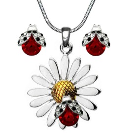 Unbranded  Ladybug Daisy Pendant Necklace and Ladybug Earrings Stud Set 18" Chain