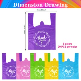TOSPARTY 100 PCS 5 Colors Thank You T-Shirt Bags Plastic Grocery Bag Plastic Bulk Shopping Bags Restaurant Bag T-Shirt Plastic Bags in Bulk M, Pink, Green, Yellow, Purple, Cyan