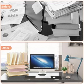 LEKETREE Desk Organizers and Accessories, 3-Tier Paper Organizer with 5 Vertical File Holders, File Organizer for Desk, Desk Accessories & Workspace Organizers (Gold, 3T)