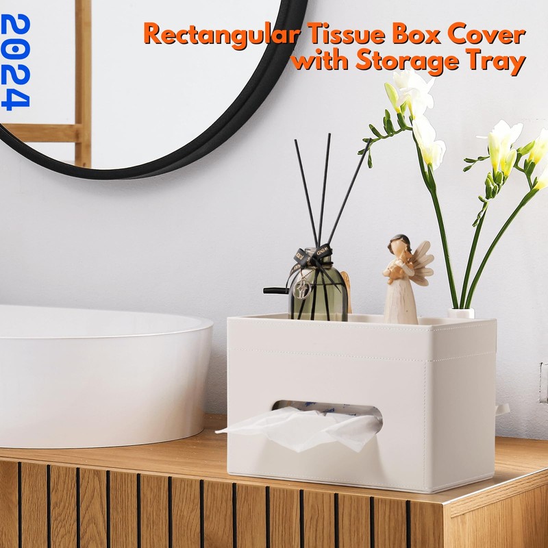 LAMOTI Rectangular Tissue Box Cover with Storage Tray, Leather Facial