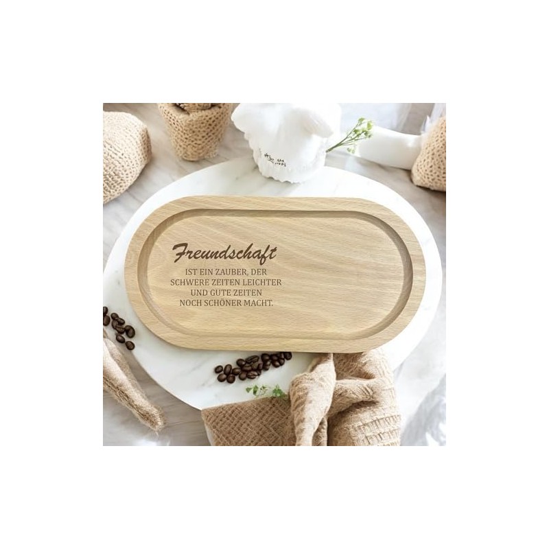 Handgefertigtes Buchen-Serviertablett mit Freundschafts-Gravur, 13 x 25 cm, Natur, Geschenkidee