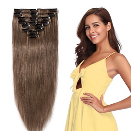 S-noilite Clip in Hair Extensions Real Human Hair Remy Hair Extension 8 Pieces Long Straight Natural Basic Thickness Women Beauty （8PCS 12"/12inch 55g 6 Light Brown)