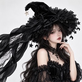 Lace Velvet Witch Hat for Halloween Costumes – Gothic Moon Pendant and Lace Trim for Masquerade Parties and Cosplay