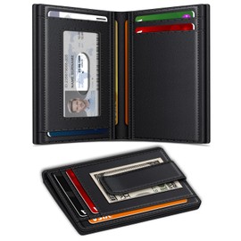 Wallet for Men 14-16 Cards, Men's Leather Wallet, Minimalist Thin Card Holder RFID Blocking Money Clip with Simplified Bill Folder & Magnetic Closure, Gifts for Men, Black