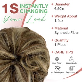 Felendy Messy Bun Hair Piece Wavy Curly Scrunchies Fluffy Donut Thick Updo Elegant Chignon Hairpieces for Women Girls, Light Brown Mix Ash Blonde 1.4oz