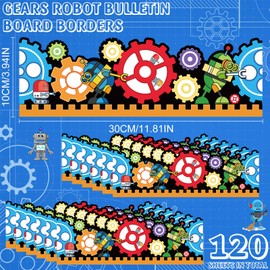 Yexiya 120 Pcs Gears Robot Bulletin Board Border Gears Bulletin Board Trimmers Trim Border Stickers Science Bulletin Board Decor for Back to School Classroom Office Home