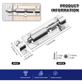 8 PCS Sliding Bolt Latch Lock, 3 Inch Door Security Slide Latch Lock Stainless Steel Lock Barrel Bolt for Bathroom Bedroom Shed Garden (Silver)