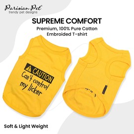Parisian Pet Dog T-Shirt - Embroidered ' Caution Can’t Control My Licker ' Dog Tee Shirt - 100% Cotton, Dog Clothes - Sleeveless Pet Vest - Yellow Dog Shirts for Small Dogs - S