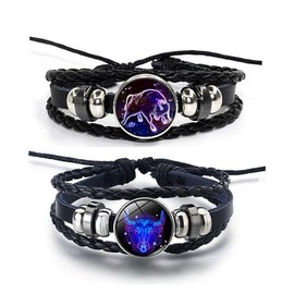 LittleFathand 2Pcs Zodiac Signs Spirit Bracelet for Women Men Adjustable Constellation Leather Bracelet Wrap Zodiac Taurus Bracelets Constellation Gift(05 Taurus)