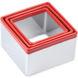 3 Pcs Square Cookie Cutter Set, Stainless Steel Biscuit Cutters for Baking, 2.5” 2.9” 3.3”, Sandwich Cutter Shapes for Kids, Red Soft Rubber Top for Protection
