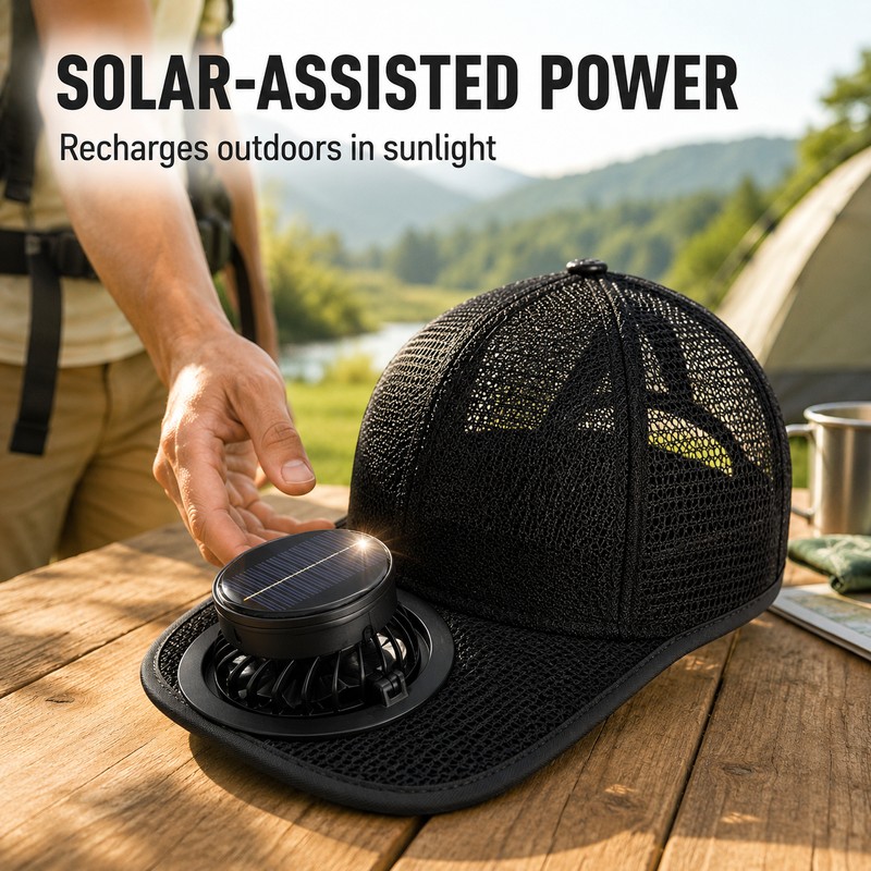 Solar & USB Rechargeable Fan Baseball Cap, 3-Speed Mesh Cooling