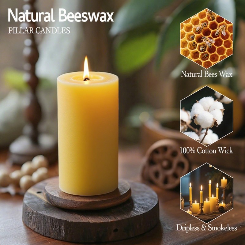 Natural Beeswax Candles Set of 6, Handmade Beeswax Pillar Candles