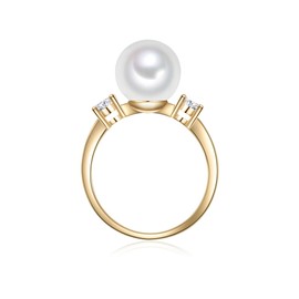 Lulu & Jane Women's Ring Made of Brass Yellow Gold-Plated with Shell Pearl Round 10 mm White and Zirconia Pearl Ring, 56, Brass, No Gemstone