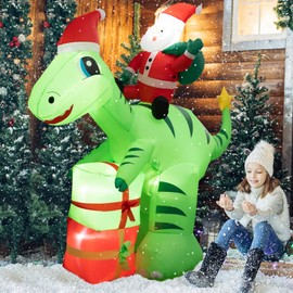 Tangkula 8 FT Lighted Christmas Inflatable Santa Claus Dinosaur Decoration with Gift Boxes, Built-in LED Lights, Sandbags, Stakes, Indoor Outdoor Blow-up Holiday Yard Lawn Garden Xmas Decoration
