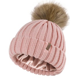 FURTALK Toddler Beanie Satin Lined Baby Boys Girls Winter Hats Pom Pom Beanies for Kids Pink