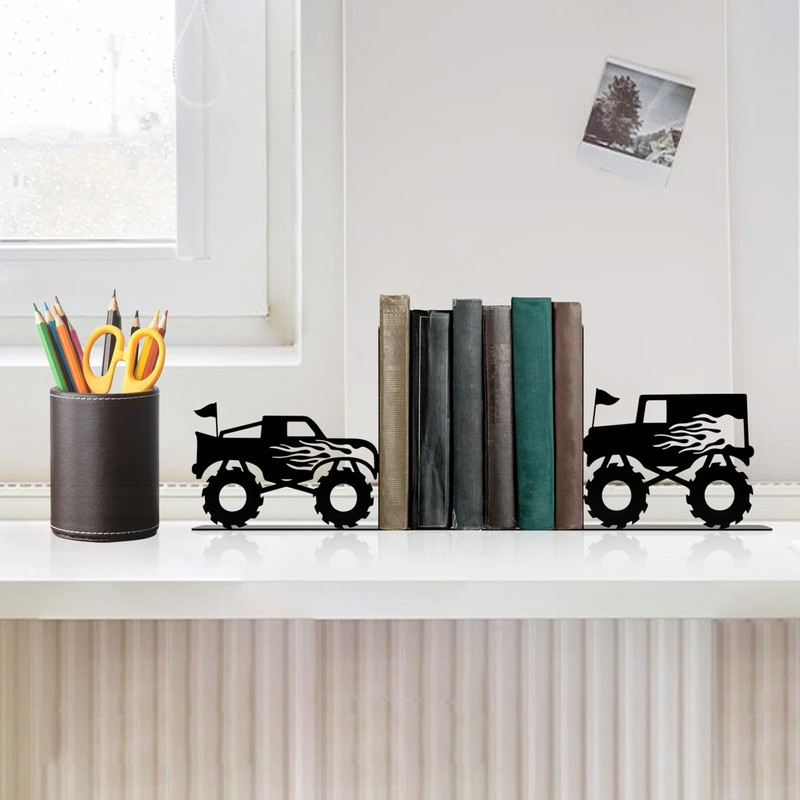 Kids Bookends for Books, Monster Truck Decor for Boys Room,