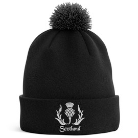 Purple Print House Scotland Thistle Embroidered Bobble Hat Scottish Men Women Rugby Supporters Nations Winter, One Size, Navy