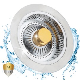 HAPPUP 3in1 Kitchen Sink Drain Strainer and Stopper, Aluminum Stainless Steel Bounce Core Drain Strainer with Anti-Clogging Basket, Pop Up Sink Stopper for US Standard 3-1/2 Inch Drain Silver