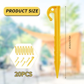 Plastic Tent Pegs, 20 Yellow Camping Stakes, Awning Pegs, for Canopies, Tarps and Garden Weed Mats, Reusable Camping accessorie