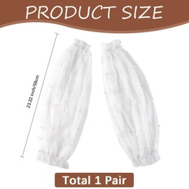 CABODYALS 1 Pair Pearl Puff Sleeves Gloves Removable Tulle Puffy Lace Pearls Beaded Detachable Lantern Shape Long White Sheer Mesh Arm Sleeve Glove for Women Wedding Lolita Dresses Party Birthday