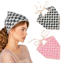 Yonchic 2-Piece Checkered Pattern Hair Bandana for Women Girls, Crochet Headbands Tie Knitted Scarf Hairbands, Cotton Knit Hair Styling Decor (Blue & Pink Checkered)