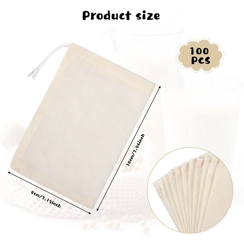 100 Pieces Cheesecloth Bags for Straining Reusable Tea Filter Bags