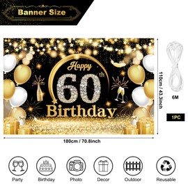 ZAHRVIA 60th Birthday Party Decorations, 60th Birthday Banner Black Gold, 60th Birthday Background Banner, Fabric Sign Poster Background for 60th Birthday Party Decoration Birthday Man Woman