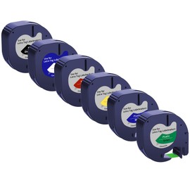 Weipto Compatible Label Tapes Replacement for Dymo LetraTag Label Tapes, 12mm x 4m, 12267 91201 91202 91203 91204 91205, Black on Clear/White/Red/Blue/Yellow/Green, 6 Packs