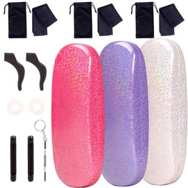 ADBGV 3Pcs Neutral Flip Eyeglass Case,Glitter PU leather Hard Shell Glasses Case,With Eyeglasses Retainers nti-slip Silicone Cleaning Cloth