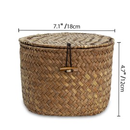 Seagrass Handmade Basket with Lid, Small Round Basket for Storage, Decorative Home Organizer Decor(7.1"L x 7.1"W x 4.7"H, Coffee)