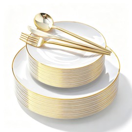 N9R 150PCS White Plastic Plates with Disposable Silverware Set, Gold Trim