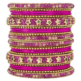 Aheli Traditional Gold Plated 2.6 Inch Rani Pink Silk Thread and Stone Studded Chuda Bangles Ethnic Stylish Fashion Jewelry Gift for Women
