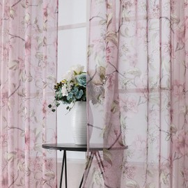 Tollpiz Cortinas traslúcidas con estampado de hojas de flores rosas bordadas florales para sala de estar, cortinas de gasa con bolsillo para cortinero, cortinas de ventana de lino sintético para dormitorio, 54 x 95 pulgadas de largo, juego de 2 paneles